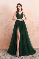 Sexy High Slit Leg Tulle and Beading Dark Green Formal Long Prom Dress 2022 Vestidos PL01116
