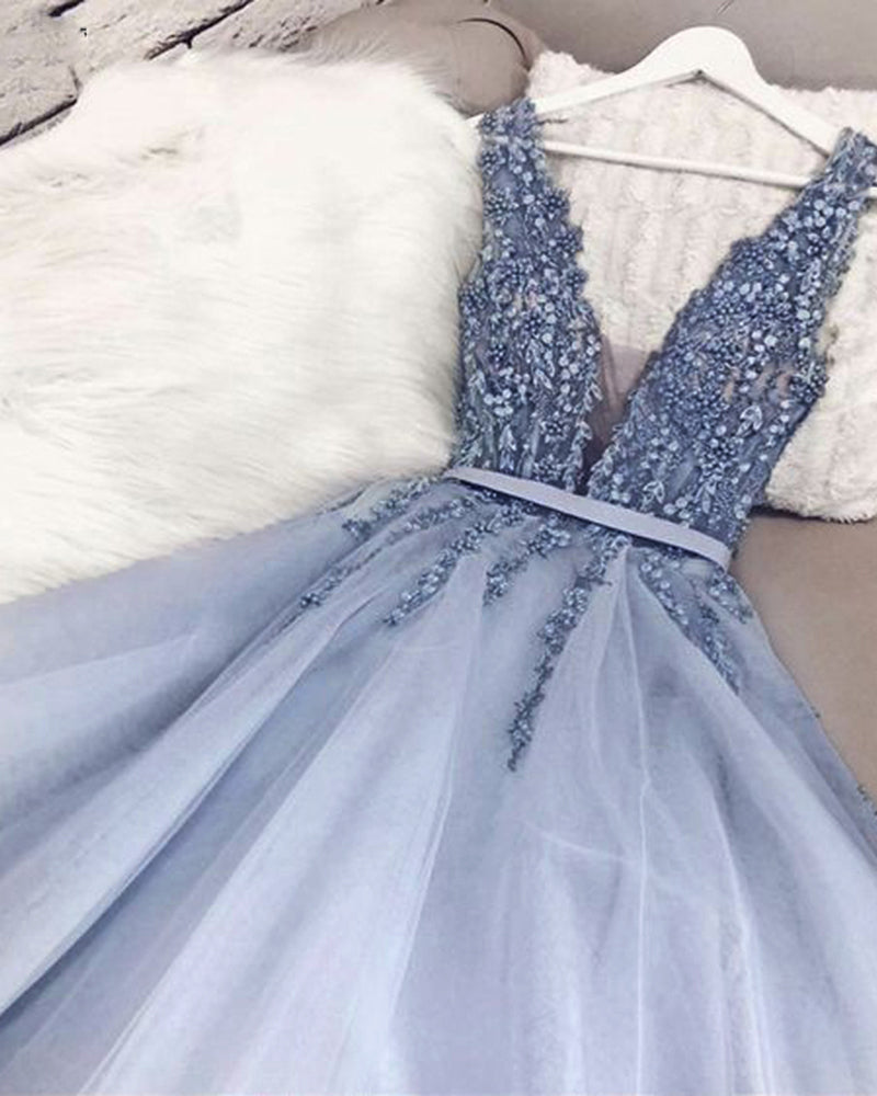 Siaoryne PL2011 Pale cornflower blue Plunge V Neck Lace Flwoers 2023 Long Prom Dress Women Evening Formal Gowns
