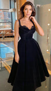 Simple Black Velour /Velvet Short Evening Party Dresses with Straps Tea Length  Special Occasion Gowns  SP101142