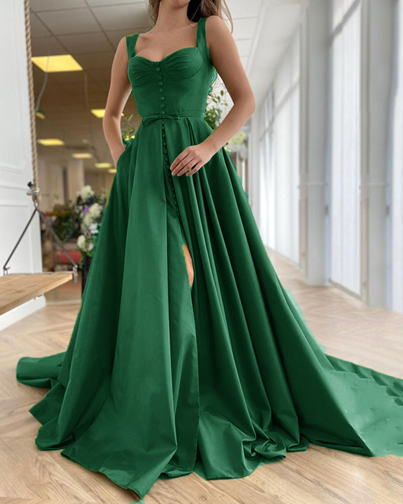 Emerald Green Satin A Line High Slit Prom Dress with Buttons Vestido De Novias Longo   PL10611
