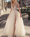 Charming Ivory Beige Tulle Evening Gowns Backless V-Neck High Split Sexy Prom Party Gowns Custom Made Special Occasion Dresses  PL01221