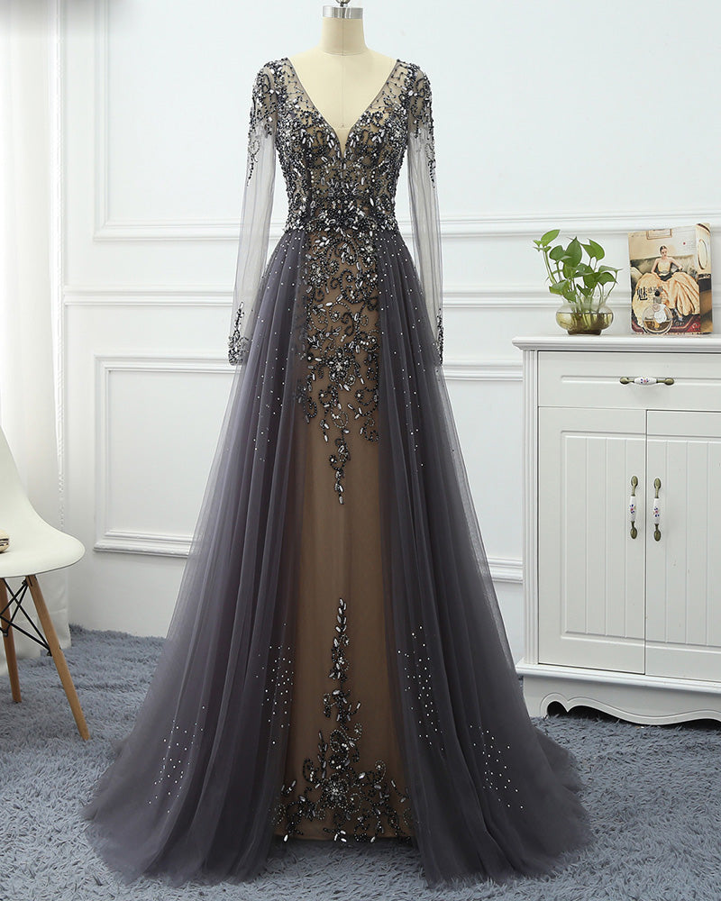 Vintage V Neck Gray/Navy Women Formal Party Gowns Beading Long Evening Siaoryne Vintage V Neck Gray/Navy Women Formal Party Gowns Beading Long Evening Siaoryne