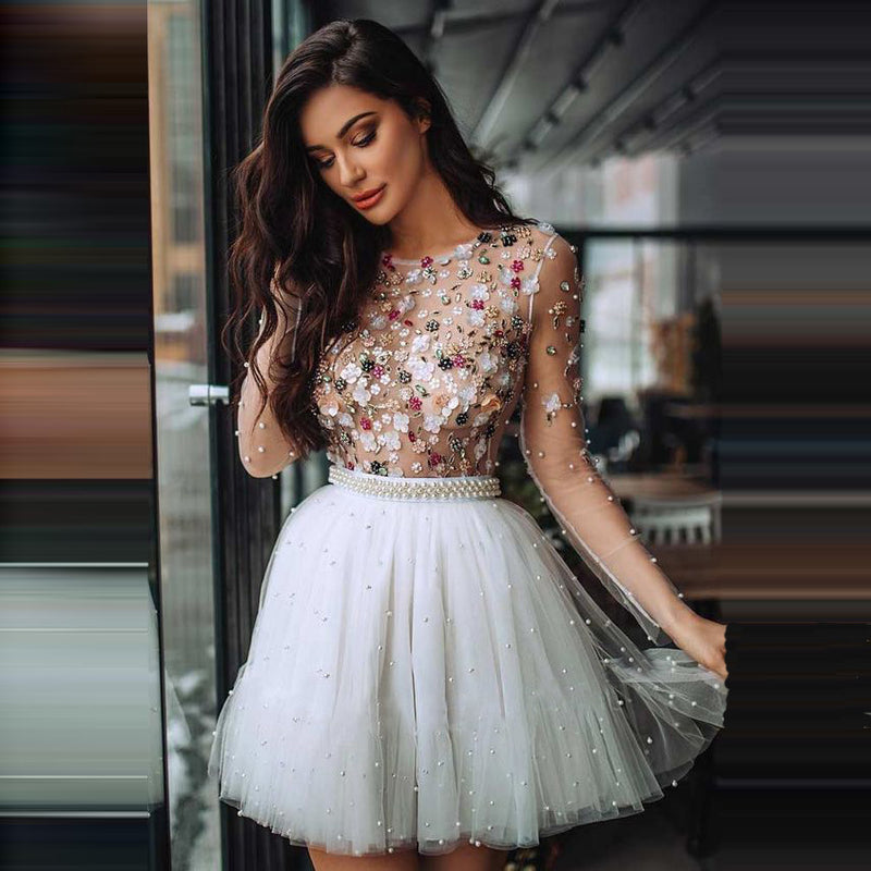 New Short Homecoming Dresses Pearls Beaded Handmade Flower Long Sleeves Prom Dresses Cocktail Dress