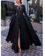 Fashion Long Sleeves Lace A Line Satin Split Women Black Formal Evening Dresses PL01122