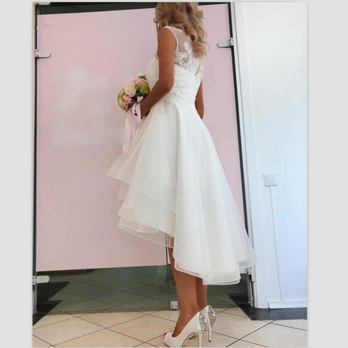 Lovely  High Low Beach Wedding Dress Ivory Lace Front Short Long Back Bridal Gown 2020 WD0522