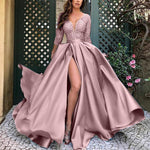 Lace Beading Appliqued Long Sleeves Turquoise Women Formal Evening Dress with sexy slit Vestido Longo PL10106