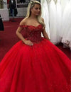 Red Off The Shoulder Sparkling Beading Ball Gown Prom Dress Quineanera Dress 2020 PL0723