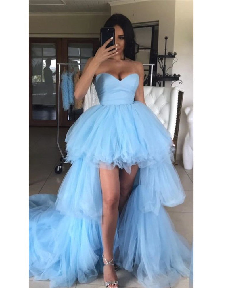 Sweetheart High Low Prom Dresses  Ruffles Sky Blue Tulle Short Front Long Back Party Dresses Graduation Evening Gowns PL102192