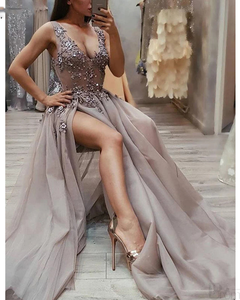 Gorgeous Sexy Straps V-Neck Side Slit Crystal Prom Dress