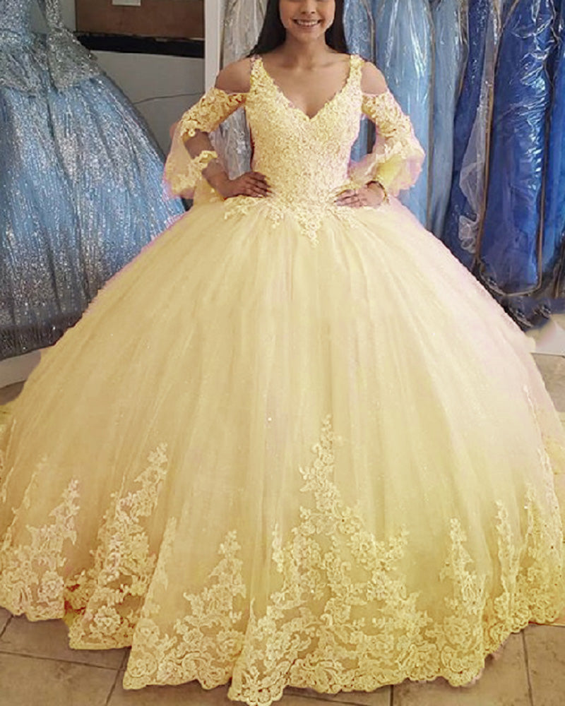 lace sweet 16 dresses Champagne Lace Ball Gown Prom Dresses Princess Sweet 16 Dress ARD1938