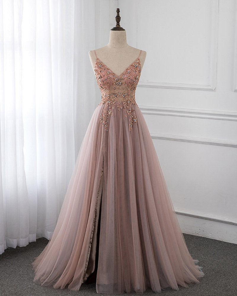 PL1103 Fancy Sexy Tulle Slit Lace Beading Prom Dresses Long Gown Vestido De Festa 2022