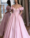 Satin Pocketed Princess Pink Prom Formal Dress Puffy Sleeves Evening Party Dress Long PL09063