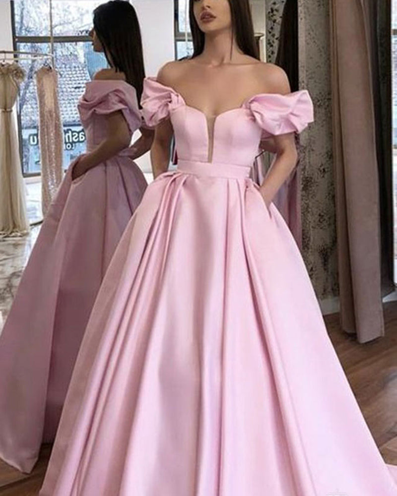 Satin Pocketed Princess Pink Prom Formal Dress Puffy Sleeves Evening Party Dress Long PL09063