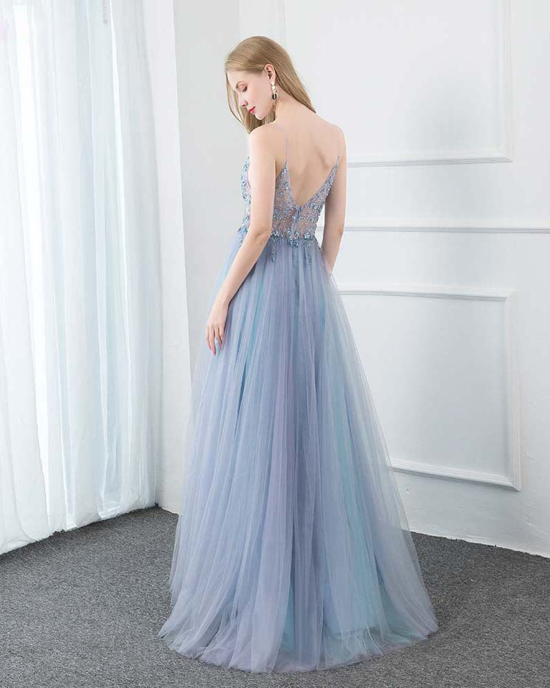 Sexy Spaghetti Straps Blue Long Prom Dresses Long with Slit Vestido De Festa 2020