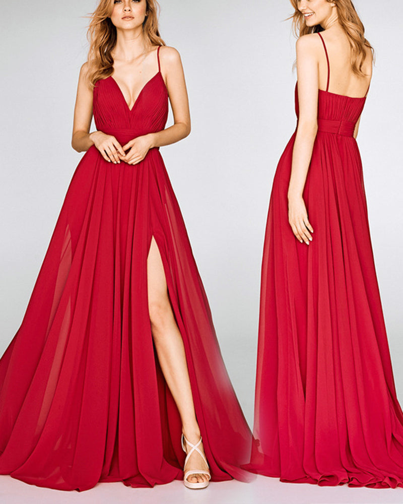 Women Chiffon Red bridesmaid Dress Long Formal Gown with Spaghetti Straps with Slits PL0826