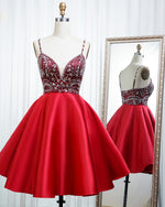 Lovely Short  Prom Dresses ,Beaded Red Homecoming Dress with Spaghetti Straps PL10906