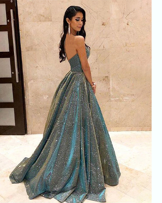 Sparkling sequin Puffy A line prom dresses ,Backless Peacock Prom Dress Strapless Shining Open Back party gown for women PL10422