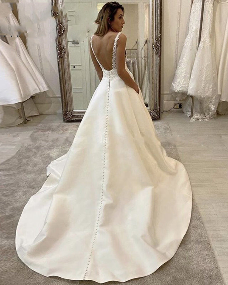 Simple Cheap Price Elegant Satin Ivory Wedding Gown Sexy V neck Bridal Siaoryne Simple Cheap Price Elegant Satin Ivory Wedding Gown Sexy V neck Bridal Siaoryne