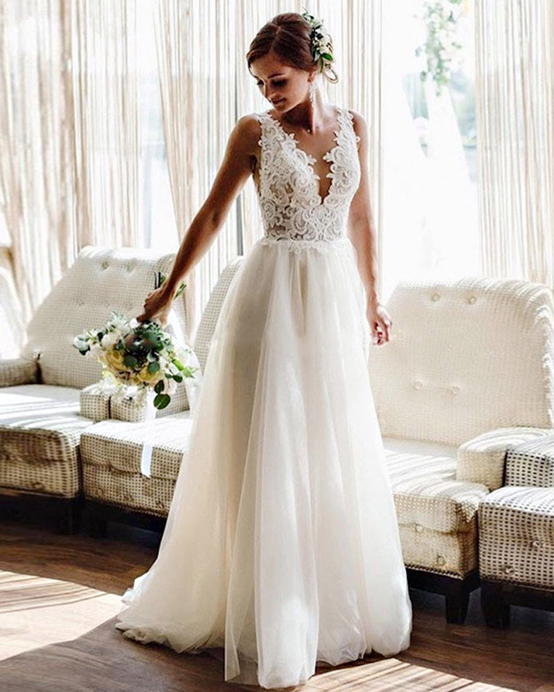 Dreamy V-neck Appliques Long Lace,Bride Dress Backless Beach Wedding Dress Party Gown robe de mariee WD1030