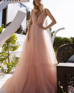 Blush Pink Soft Tulle Sexy V Neck  Long Women Formal Evening Dresses ,Pink Wedding Gown PD0601