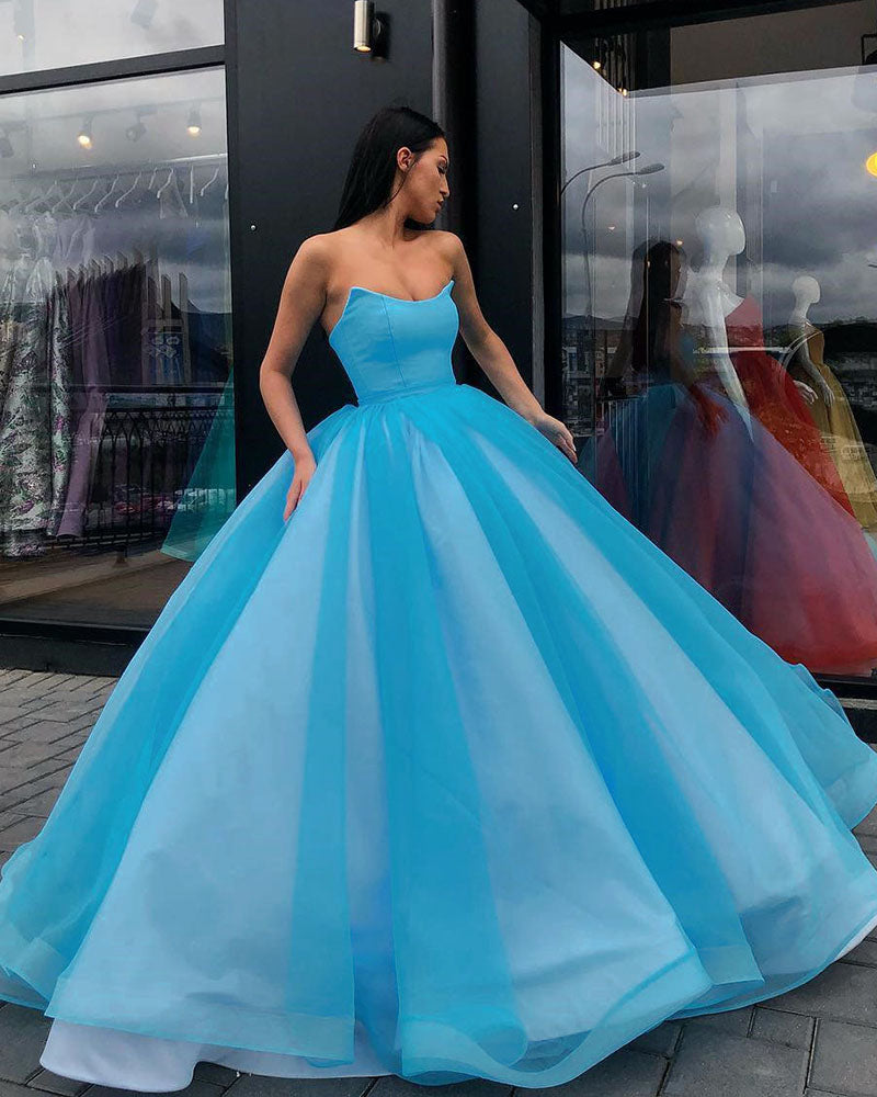 Princess Strapless Light Sky Blue Ball Gown Organza with Satin Quinceanera Dress Sweet 15 /16 Dresses for Girls Birthday Debutante Dress PL01229