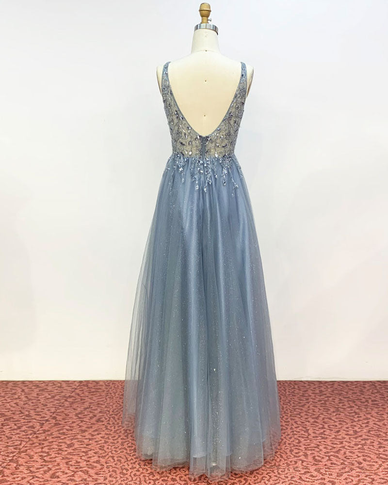 Amazing Glitter Blue V Neck Floor Length Long Prom Dress with Crystal Beaded Party Gowns