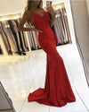 Sexy V Neck New Formal Outfits 2020 Red Lace Satin Prom Evening Party Dress Long PL0513
