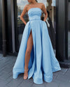 Stunning High Split A Line Satin Strapless Burgundy Prom Dress with Pocket Girls Senior Party Gown PL01105