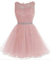 Lovely Sky Blue Lace Puffy Keyhole Back Homecoming Dress Short Prom Dresses with Belt SP10219