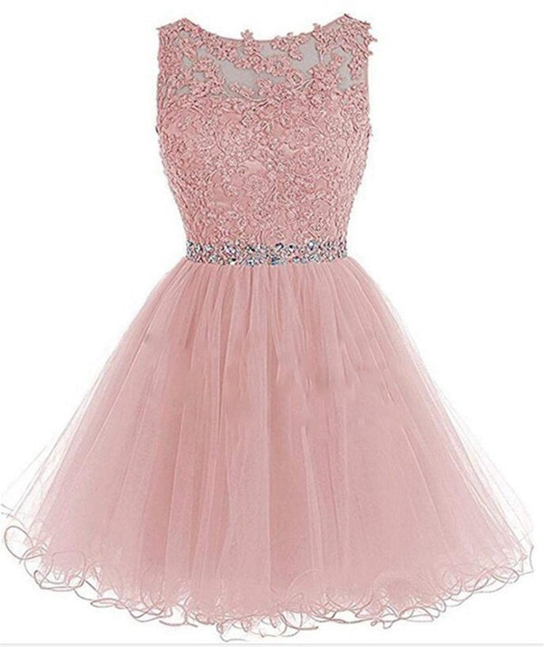 Lovely Sky Blue Lace Puffy Keyhole Back Homecoming Dress Short Prom Dresses with Belt SP10219