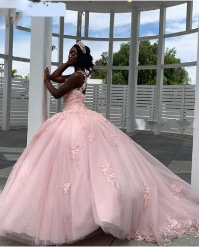 Princess Pink Lace Scoop Debutante Gown Sweet 15 Ball Gown Quinceanera Prom Dresses,vestidos de fiesta de 15 PL10276