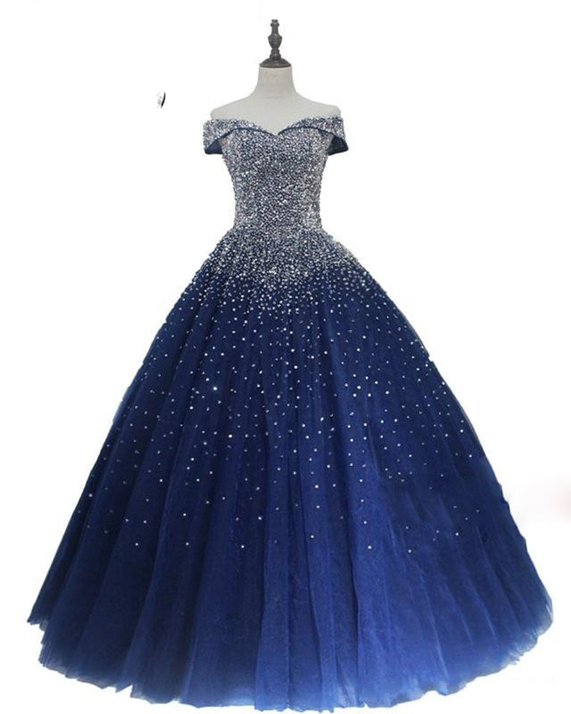Navy Blue Sparkly Ball Gown Quinceanera Dresses 2022 Vestidos De 15 Años Off Shoulder Sweet 16  Debutante Party Dress PL08192