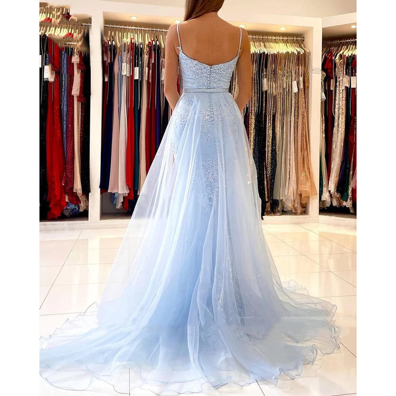 Light Sky Blue Mermaid Long Lace 2022 Prom Party Dress for Girls  PL2221