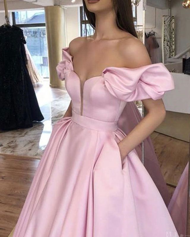 Classy Pink Puff Sleeves Mid-length Prom Dress,Pink Evening Dress