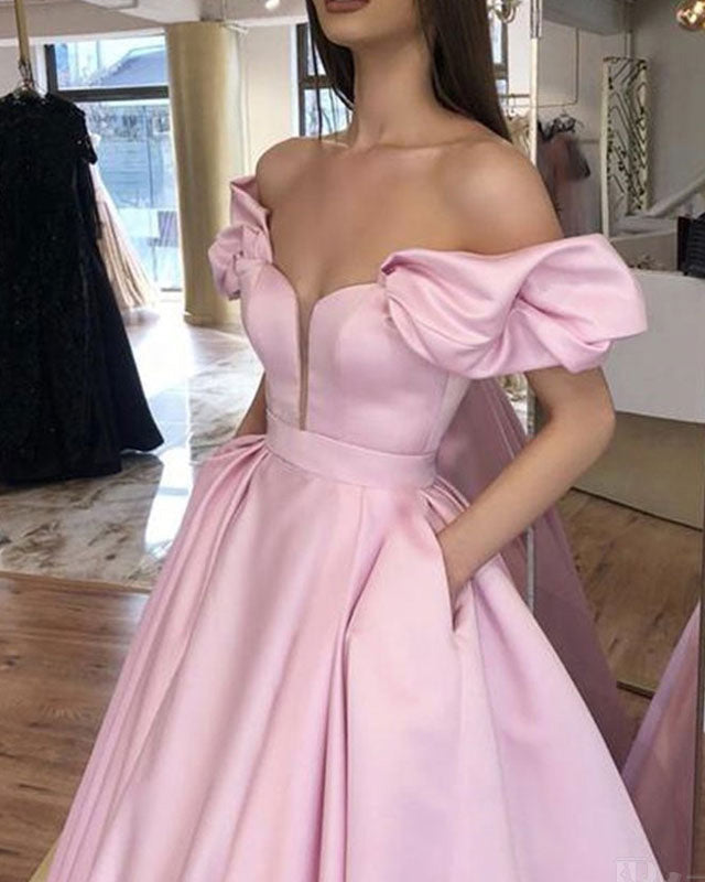 Satin Pocketed Princess Pink Prom Formal Dress Puffy Sleeves Evening Party Dress Long PL09063