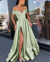 Elegant Off The Shoulder Sage Green Prom Dresses 2022 ,Sexy Side Split V-Neck Backless Satin Long Formal Party Evening Gown PL104142