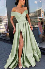 Elegant Off The Shoulder Sage Green Prom Dresses 2022 ,Sexy Side Split V-Neck Backless Satin Long Formal Party Evening Gown PL104142