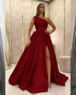 Elegant One Shoulder Satin A Line Women Formal Emerald Green Prom Dress with Slit Vestidos, Party Gowns for Gala PL011021
