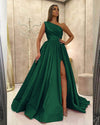 Elegant One Shoulder Satin A Line Women Formal Emerald Green Prom Dress with Slit Vestidos, Party Gowns for Gala PL011021