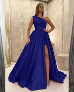 Elegant One Shoulder Satin A Line Women Formal Emerald Green Prom Dress with Slit Vestidos, Party Gowns for Gala PL011021