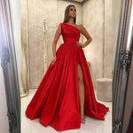 Elegant One Shoulder Satin A Line Women Formal Emerald Green Prom Dress with Slit Vestidos, Party Gowns for Gala PL011021