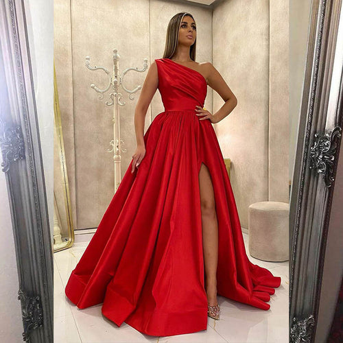 Elegant One Shoulder Satin A Line Women Formal Emerald Green Prom Dress with Slit Vestidos, Party Gowns for Gala PL011021
