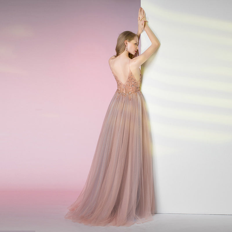2020 Spaghetti Pink Beading Long Prom Party Dresses Fast Shipping PL0311