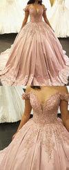 Princess Off the Shoulder Satin and Lace Pink Ball gown Wedding Dress Bride Gown Novias WD11121