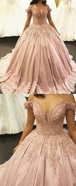 Princess Off the Shoulder Satin and Lace Pink Ball gown Wedding Dress Bride Gown Novias WD11121