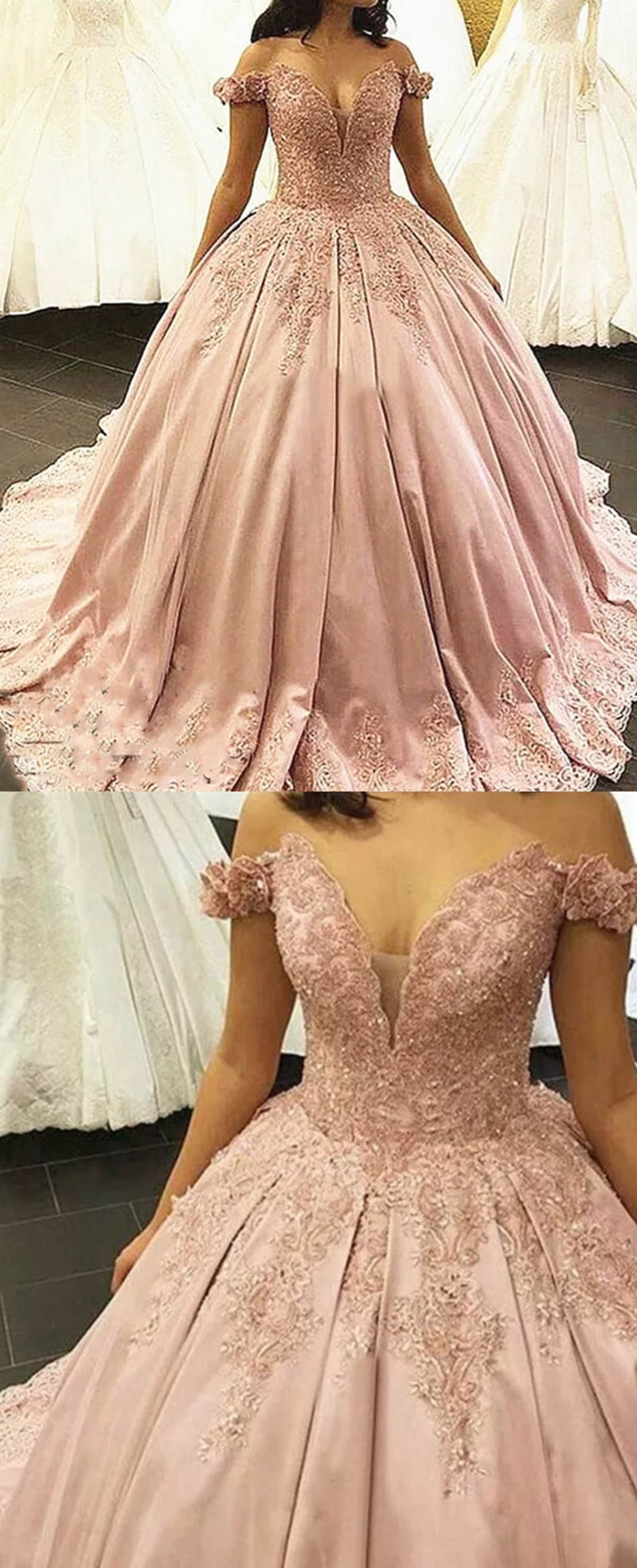 Princess Off the Shoulder Satin and Lace Pink Ball gown Wedding Dress Bride Gown Novias WD11121
