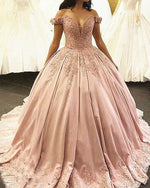 Princess Off the Shoulder Satin and Lace Pink Ball gown Wedding Dress Bride Gown Novias WD11121