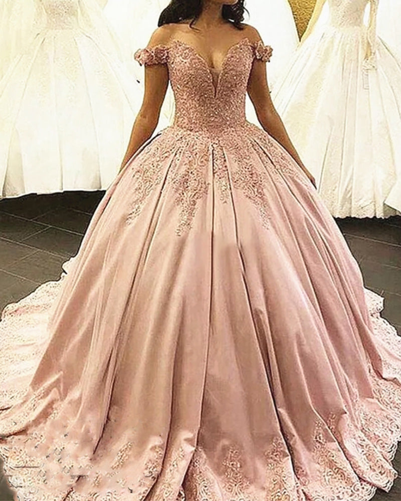 Princess Off the Shoulder Satin and Lace Pink Ball gown Wedding Dress Bride Gown Novias WD11121