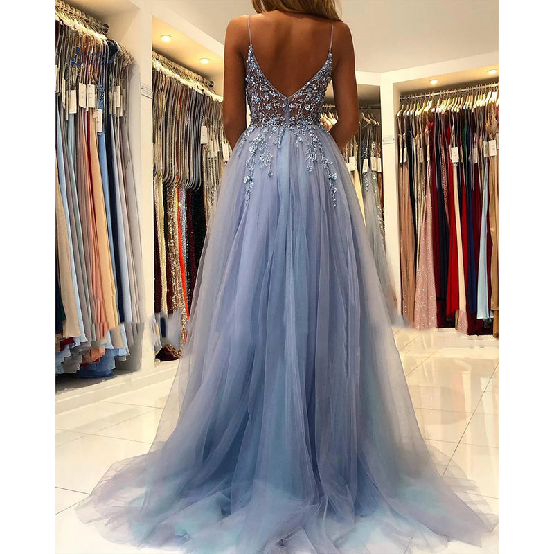 Sexy Beautiful Blue Beaded Prom Dresses 2022