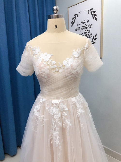 WD0518 Vintage Simple Elegant Lace Floral Boho Wedding Gown with Short Sleeve Pockets A-line Summer Beach Bridal Dresses